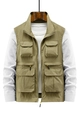 Men's multi-pocket khaki utility vest with stand collar and zipper closure for outdoor wear - M / Khaki