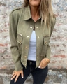 Detail view of olive green suede jacket featuring shoulder epaulettes and metal zipper accents - S / Army Green
