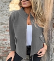 Detail of grey wool-like jacket featuring silver zipper and flap pocket with button - Gray