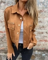 Close-up of caramel suede jacket featuring metal buttons and zipper pocket detail - S / Chocolate
