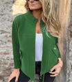 Detailed view of green wool jacket with metallic zipper and flap pockets texture - Green