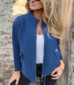 Detail of navy blue fleece jacket with full-length zipper and textured standing collar - Blue