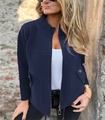 Close-up of navy blue wool coat with high collar, metal zipper, and large pocket details - Navy Blue