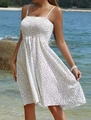 Detail of smocked elastic bodice on white polka dot boho mini dress for summer - S / White
