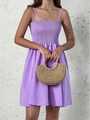 Detail of smocked bodice on purple polka dot mini dress with thin spaghetti straps - S / Purple