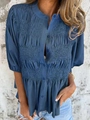 Detail of smocked texture and button closure on dark blue short sleeve blouse - S / Navy Blue