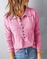 Detailed view of pink waffle knit texture and classic button collar on women's long sleeve shirt - S / Rose Red
