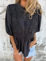 Detail of black smocked texture and button closure on women's casual short sleeve shirt - S / Black