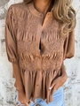 Detailed view of caramel smocked summer blouse with crew neck and retro button details - S / Brown