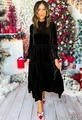 Close-up of black velvet tiered maxi dress with puff sleeves and elastic cuffs detail - S / Dresses / Black