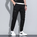 Men's black cargo joggers featuring multi-pockets and drawstring elastic cuffs - EU 29 / Black
