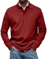 Detailed close-up of dark burgundy long sleeve polo shirt with classic collar and buttons - Red