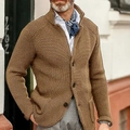 Detail of camel waffle knit texture on men's cardigan with stand collar and front pockets - S / Tops / Camel