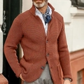 Detail of rust red waffle knit cardigan featuring stand collar and ribbed texture - S / Tops / Caramel color
