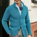 Detail of blue waffle knit texture and black buttons on men's stand collar cardigan jacket - S / Tops / Sky Blue