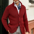 Detailed close-up of men's red waffle knit cardigan featuring three black buttons and pockets - S / Tops / Burgundy