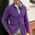 Detail of purple waffle knit cardigan featuring stand collar and round black buttons - S / Tops / Purple