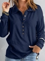 Women's dark blue waffle knit long sleeve shirt with classic lapel and wood buttons - S / Navy Blue