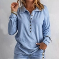Light blue ribbed polo knit shirt with long sleeves and wooden button placket detail - S / Sky Blue