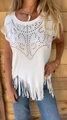 Detail of white round neck T-shirt featuring rhinestones and asymmetrical fringe hemline - 3XL / Tops / White