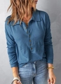 Blue waffle knit long sleeve Polo shirt for women with buttoned lapel collar - S / Dark Blue