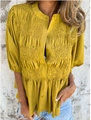 Women's mustard yellow short sleeve blouse with smocked texture and button detailing - S / Yellow