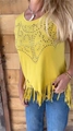 Detail of yellow sleeveless top with geometric rhinestone studs and long tassel hem - S / Tops / Yellow