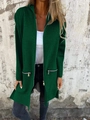 Women long sleeve hooded zip-up cardigan jacket in dark green with metal zipper pockets - Dark Green
