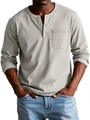 Detail of grey Henley shirt showing buttoned neckline, chest pocket, and cotton texture - 3XL / Tops / Off White