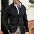 Men's black waffle knit cardigan jacket with stand collar and button-up front design - S / Black