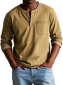 Detail of men's mustard yellow cotton Henley shirt with front buttons and chest pocket - S / Tops / Khaki