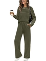 Detail of olive green lounge set showing pleated crewneck top and drawstring waist pants - S / Top And Bottom / Army Green