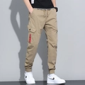 Men's khaki cotton cargo pants with drawstring waist and unique red zipper pocket detail - 666 Khaki / 29