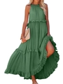 Dark green halter neck tiered maxi dress with high waist and flowing ruffle hemline - S / Green