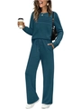 Detailed view of teal two-piece lounge set with pleated top and high waist wide leg pants - S / Top And Bottom / Malachite green