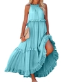 Sky blue tiered maxi summer dress with sleeveless halter neck and ruffled cake skirt style - S / Sky Blue