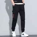 Men's black cargo joggers with multi-pockets, cotton blend fabric and red zipper detail - 666 Black / 29