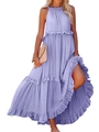 Sleeveless lavender multi-tier maxi dress with halter neckline and ruffled cake skirt style - S / Light Purple