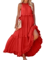 Elegant red tiered maxi dress with halter neckline and ruffle hem for a summer vacation look - S / Red