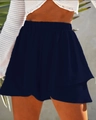 Close-up of dark blue tiered skirt shorts with elastic high waist and ruffled hemline - S / Navy Blue