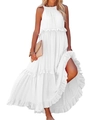 White bohemian tiered ruffles halter neck maxi dress for women made of lightweight fabric - S / White