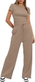 Detail of mocha pleated short sleeve top and high waist wide leg pants set with drawstring - S / Khaki