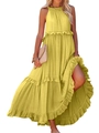 Summer yellow halter-neck maxi dress with tiered ruffle layers and bohemian style - S / Yellow