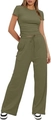 Detail view of olive green two-piece ruched short sleeve top and wide leg pants set - S / Army Green