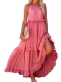 Pink tiered ruffle maxi dress with halter neckline and textured fabric for summer style - S / Pink