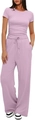 Detail of lavender ribbed knit set showing side ruched top and drawstring waist trousers - S / Lavender