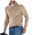 Close-up of oatmeal knit half-zip polo sweater featuring a textured standing collar design - S / Apricot