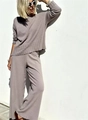 Detailed knit texture and drape of the grey-purple two-piece wide-leg pants sweater set - S / Camel