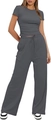 Detailed view of dark grey high-waist drawstring pants and ruched side short sleeve t-shirt - S / Dark Gray