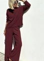 Detail of burgundy knitted set showing fine ribbed texture and elegant loose-fit design - S / Burgundy